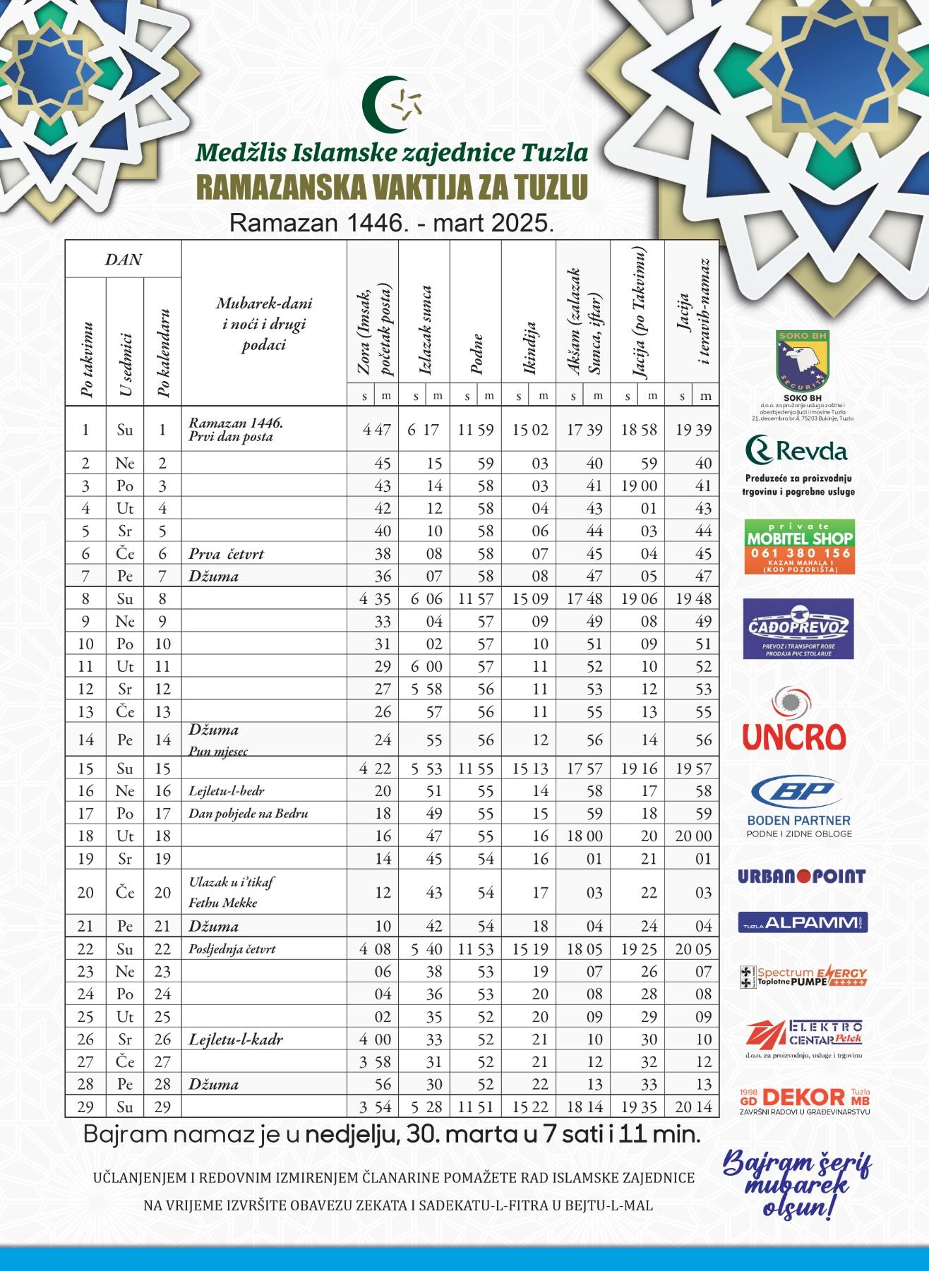 Vaktija za Grad Tuzla 2025. godine