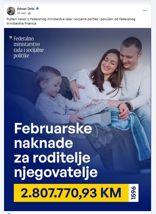 Isplata februarskih naknada za roditelje njegovatelje u Federaciji BiH